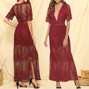 Wicky Burgundy Floral Embroidered Lace Romantic Boho Romper Style Maxi Dress